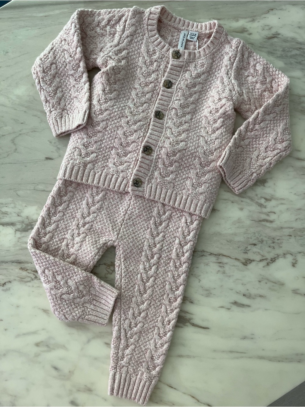 Janie and Jack Pale Pink Cable-Knit Cardigan & Pants Matching Set - Picture 2 of 8